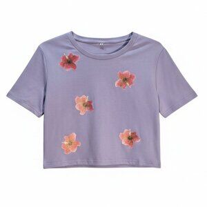 NWOT | Purple Pink Hibiscus Floral Print Short Sleeve Fitted Crop Top | Large